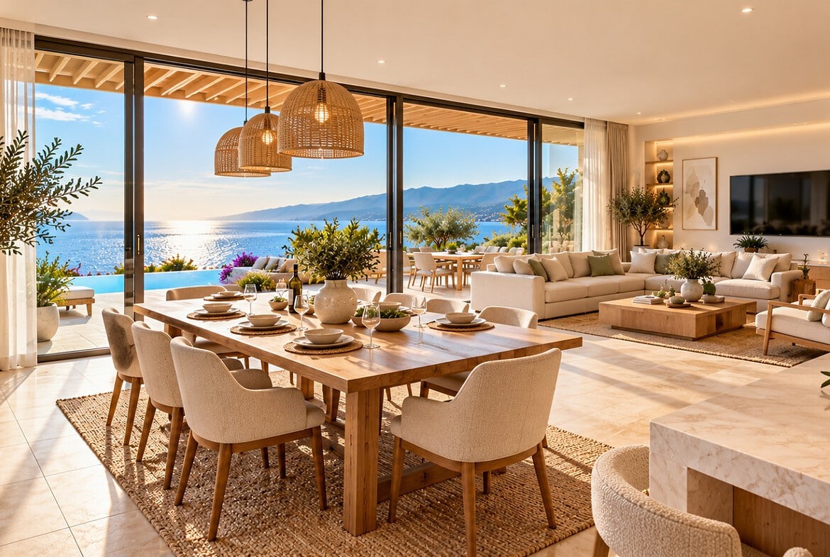 Mediterranes Esszimmer mit Meerblick