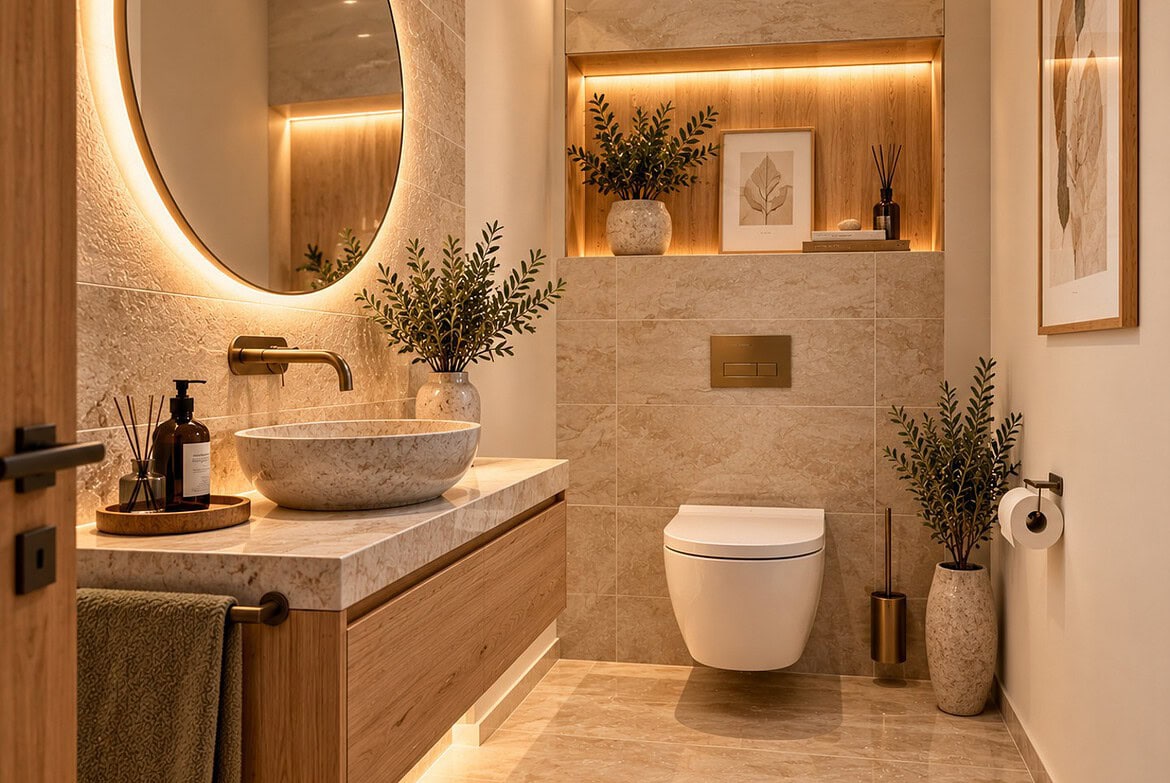 Elegantes Gäste-WC mit warmen Naturmaterialien