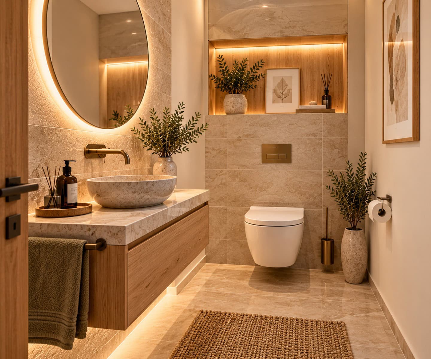 Elegantes Gäste-WC mit warmen Naturmaterialien Elegantes Gäste-WC mit warmen Naturmaterialien