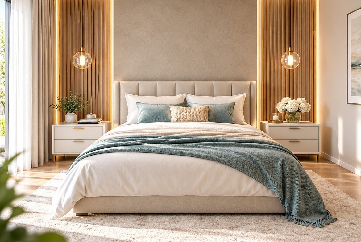 Symmetrisches Luxus-Schlafzimmer in Beige und Teal