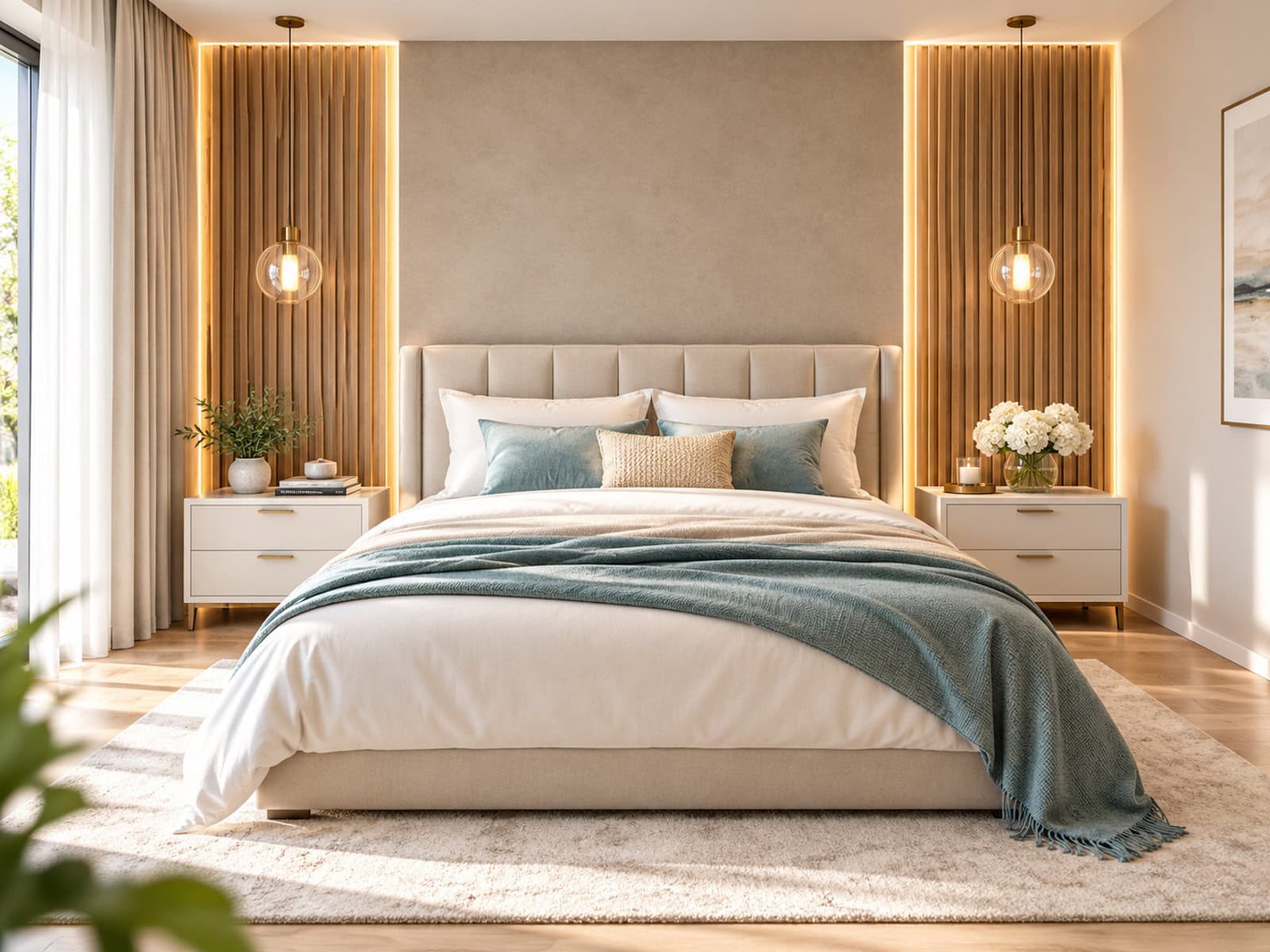 Symmetrisches Luxus-Schlafzimmer in Beige und Teal Symmetrisches Luxus-Schlafzimmer in Beige und Teal