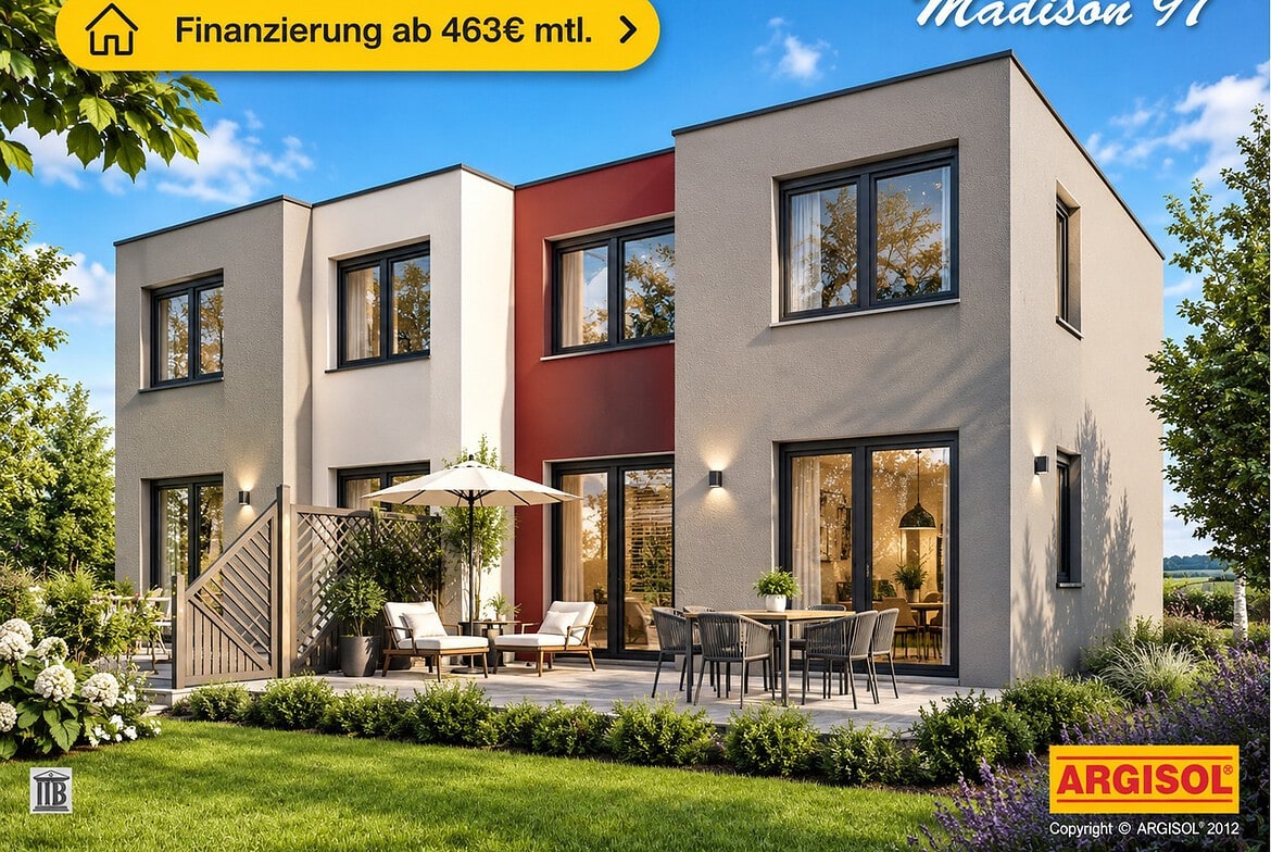 Modernes Würfelhaus mit Garten und Werbung