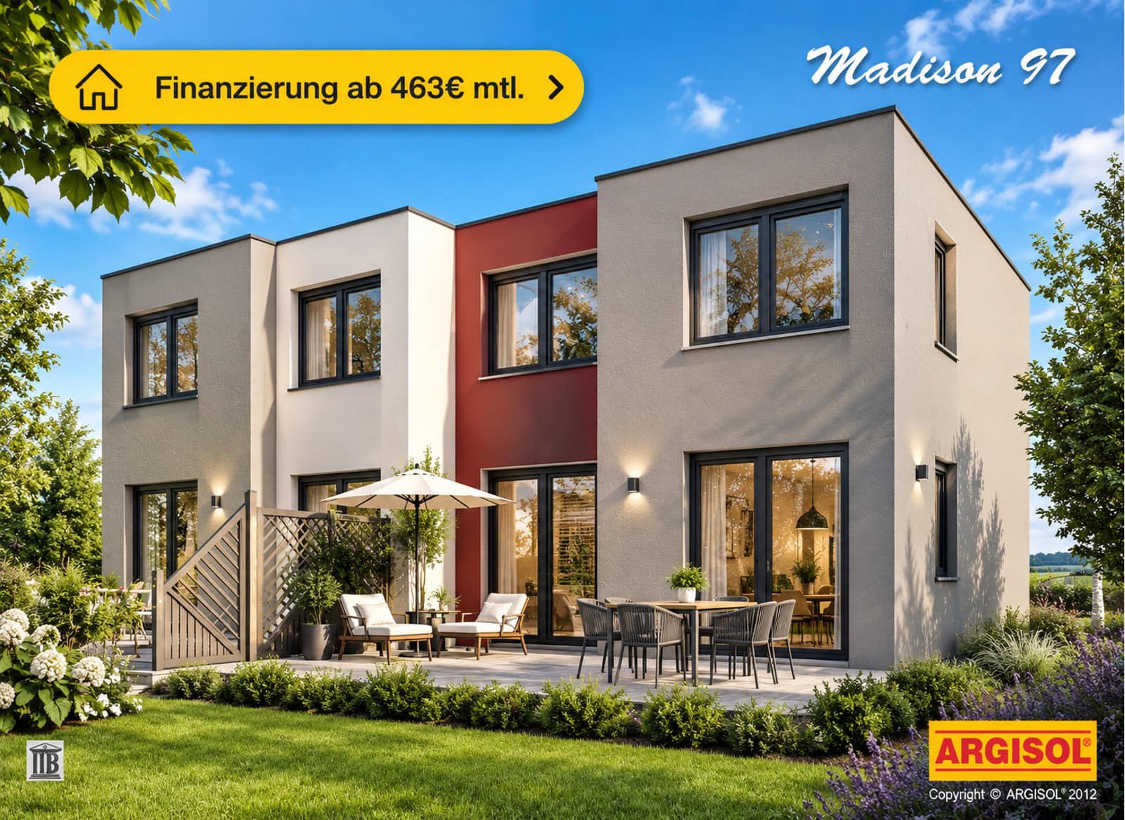 Modernes Würfelhaus mit Garten und Werbung Modernes Würfelhaus mit Garten und Werbung