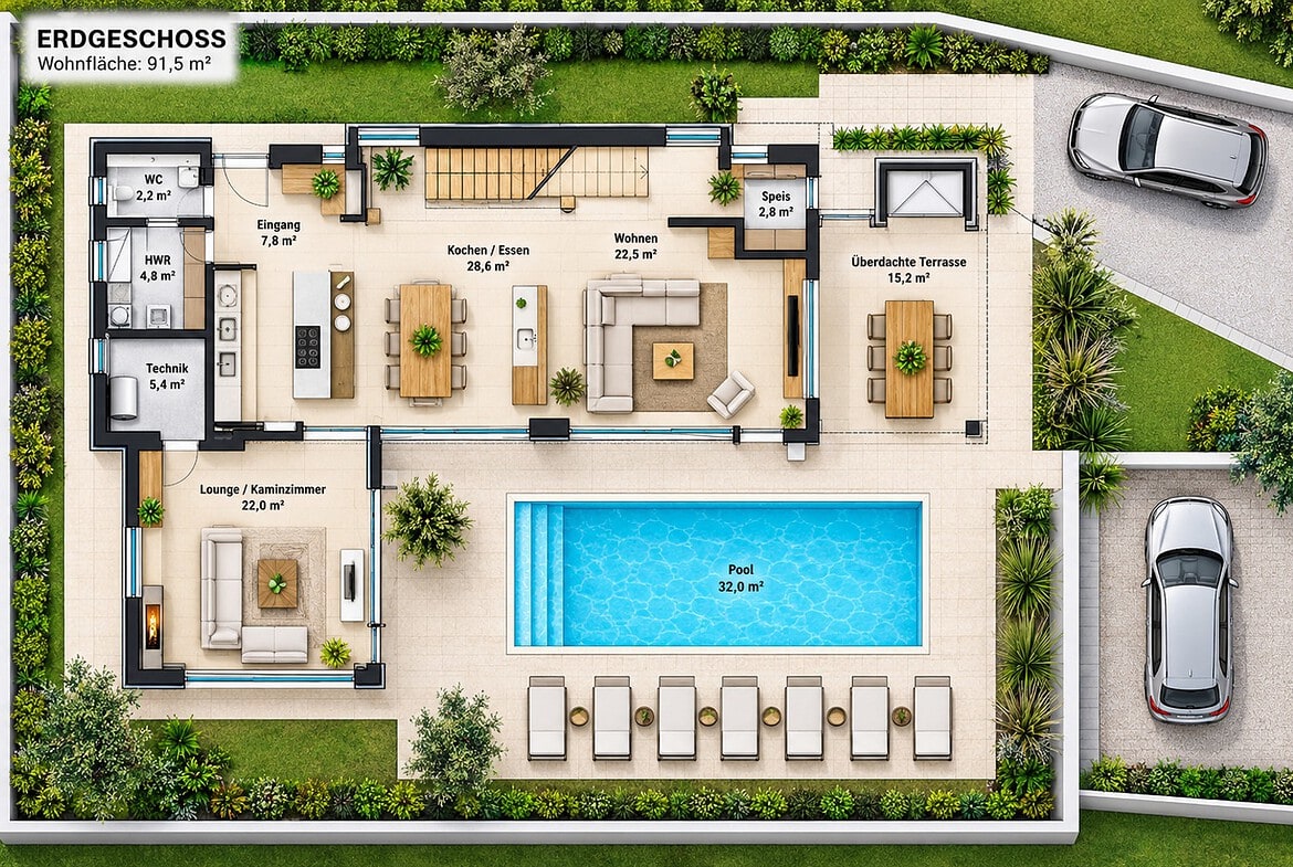Modernes Erdgeschoss mit Pool und Garten(1)