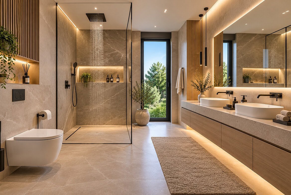 Luxuriöses Spa-Badezimmer mit Naturakzenten