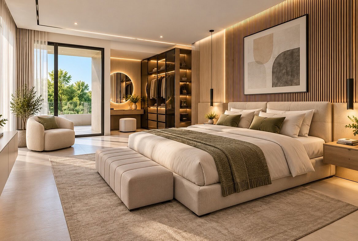 Luxuriöses Schlafzimmer mit Terrasse und Ankleide