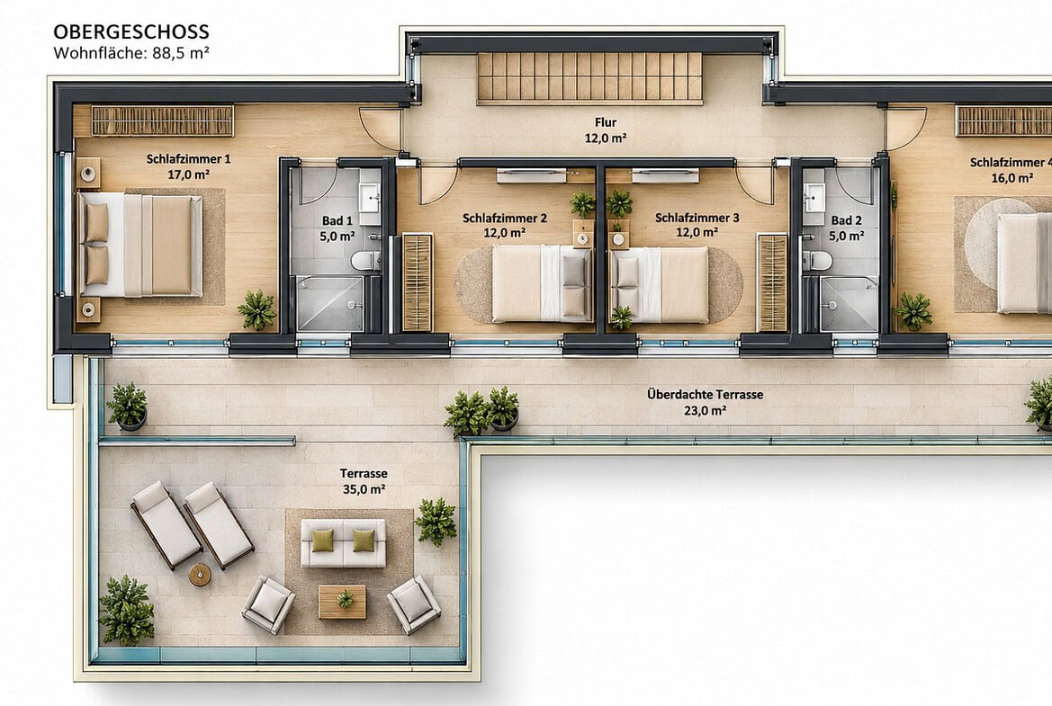 Modernes Obergeschoss mit Terrassenplan