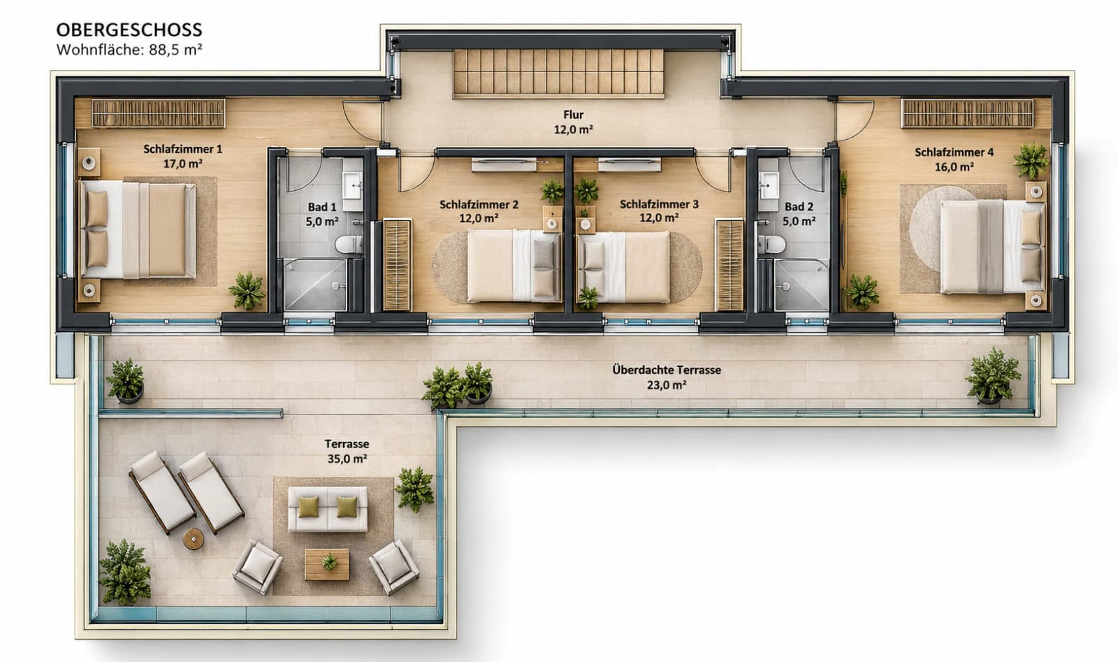 Modernes Obergeschoss mit Terrassenplan Modernes Obergeschoss mit Terrassenplan