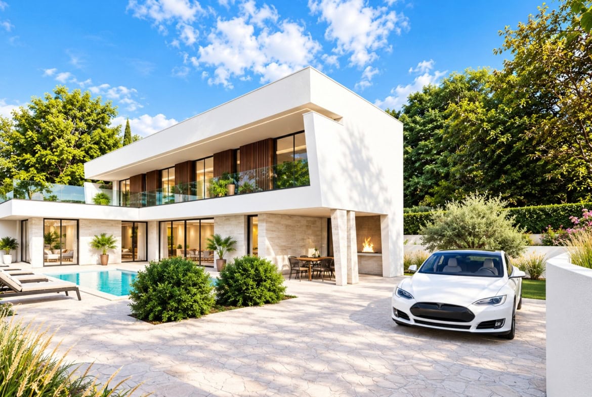 Moderne Luxusvilla mit Pool und Elektroauto