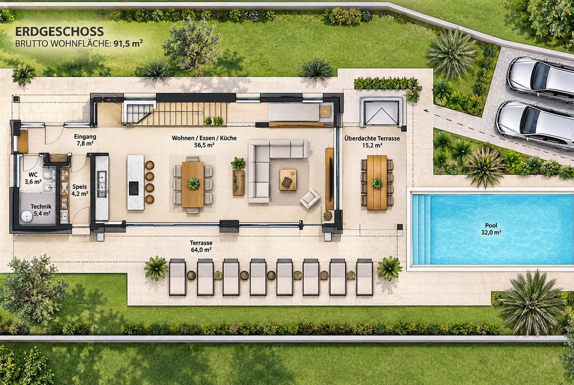 Modernes Erdgeschoss mit Pool und Garten
