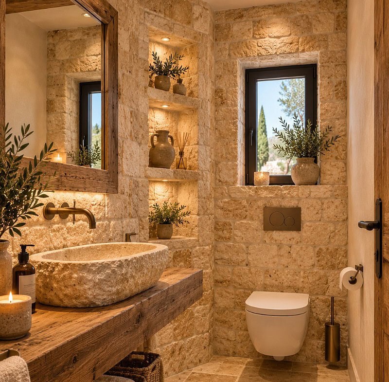 Rustik-mediterranes Gäste-WC mit Stein und Holz