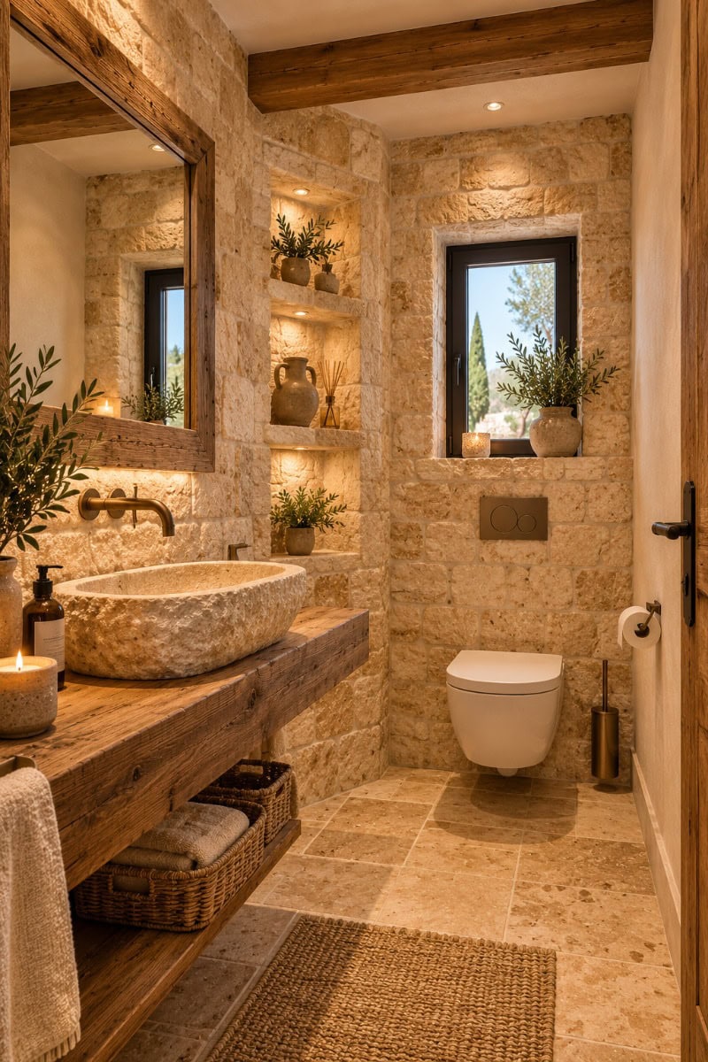 Rustik-mediterranes Gäste-WC mit Stein und Holz