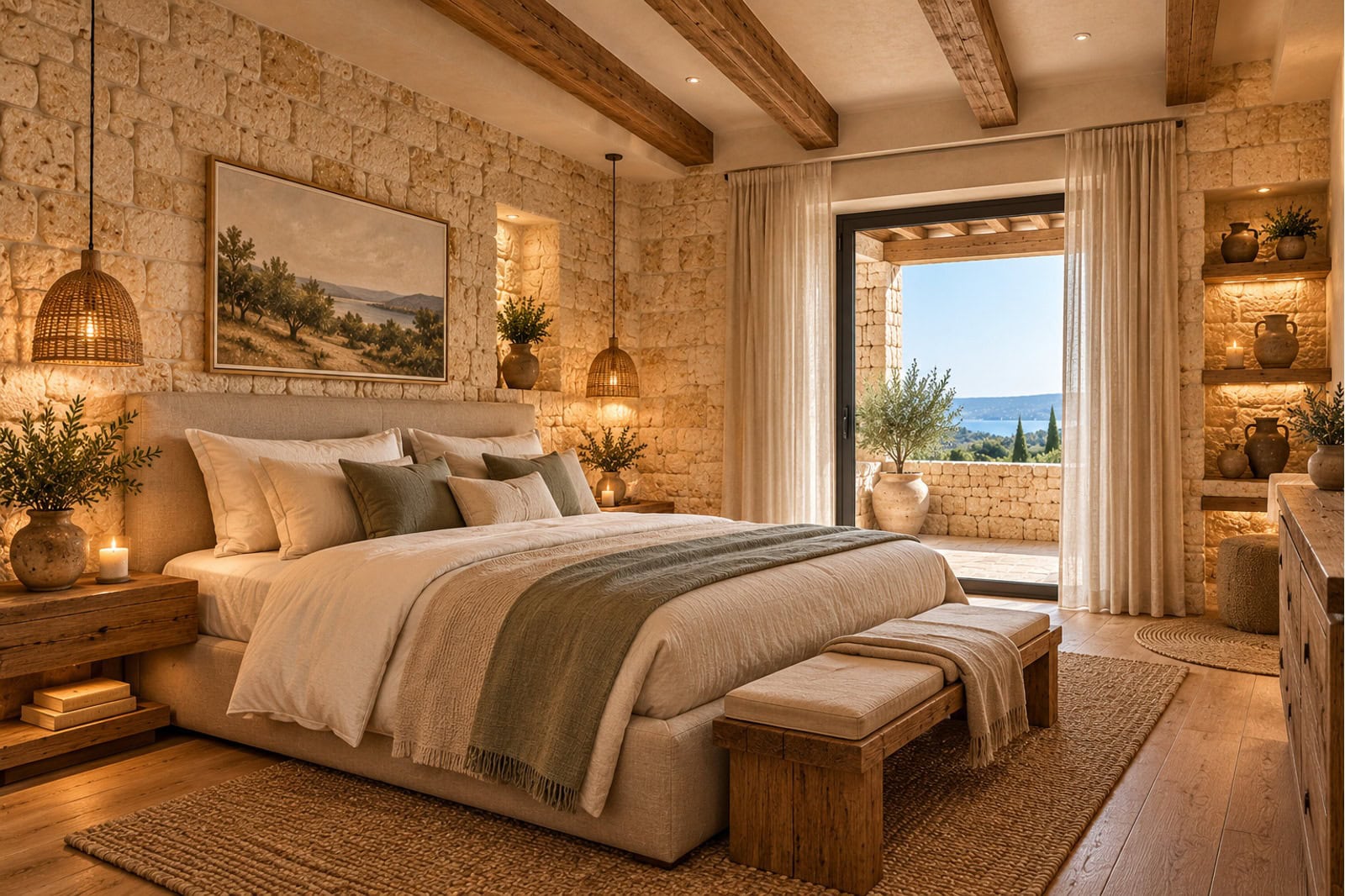 Mediterranes Schlafzimmer mit Meerblick