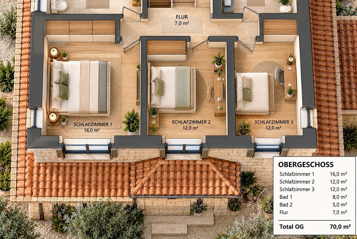 Mediterranes Obergeschoss mit Grundriss