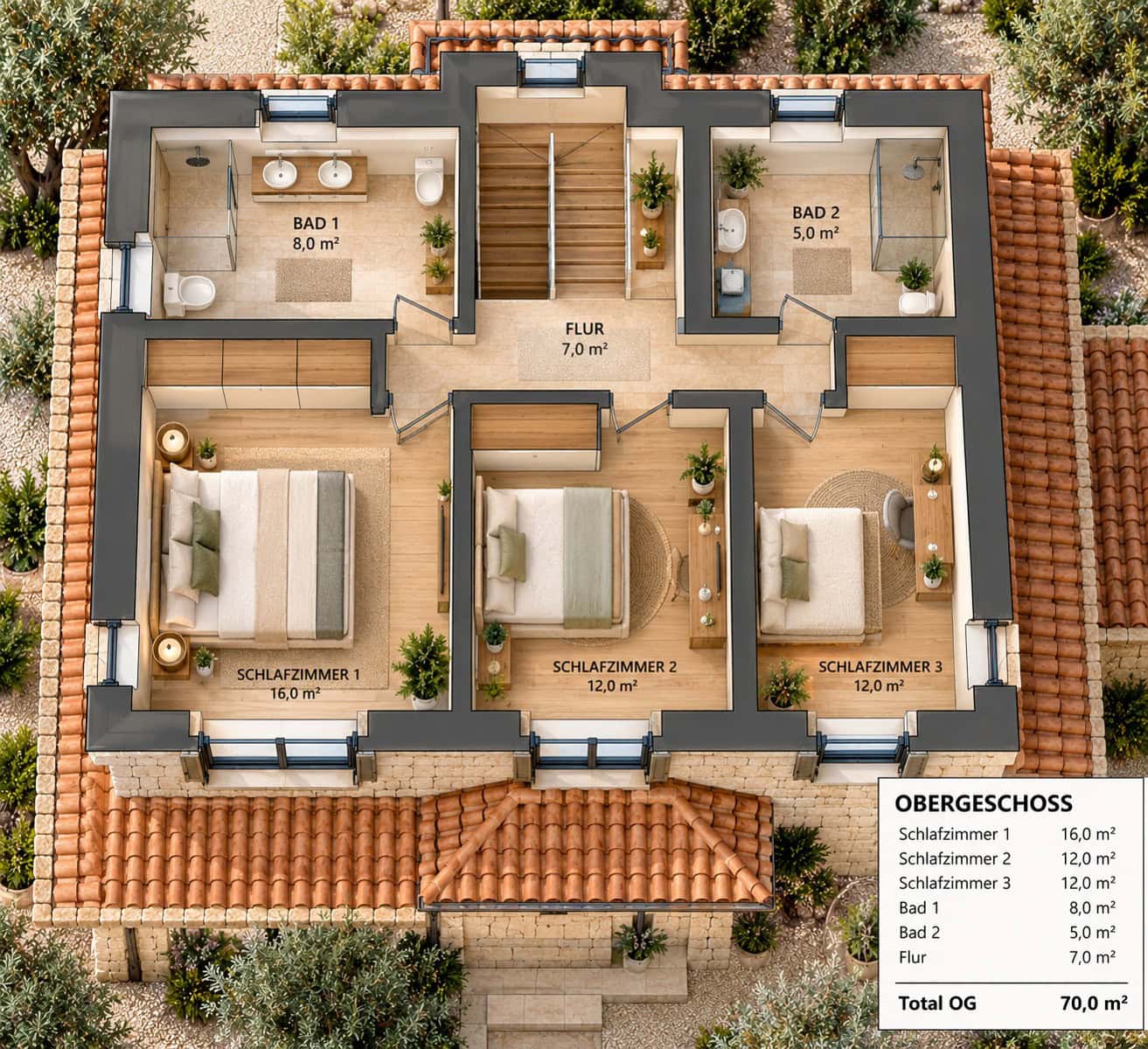 Mediterranes Obergeschoss mit Grundriss
