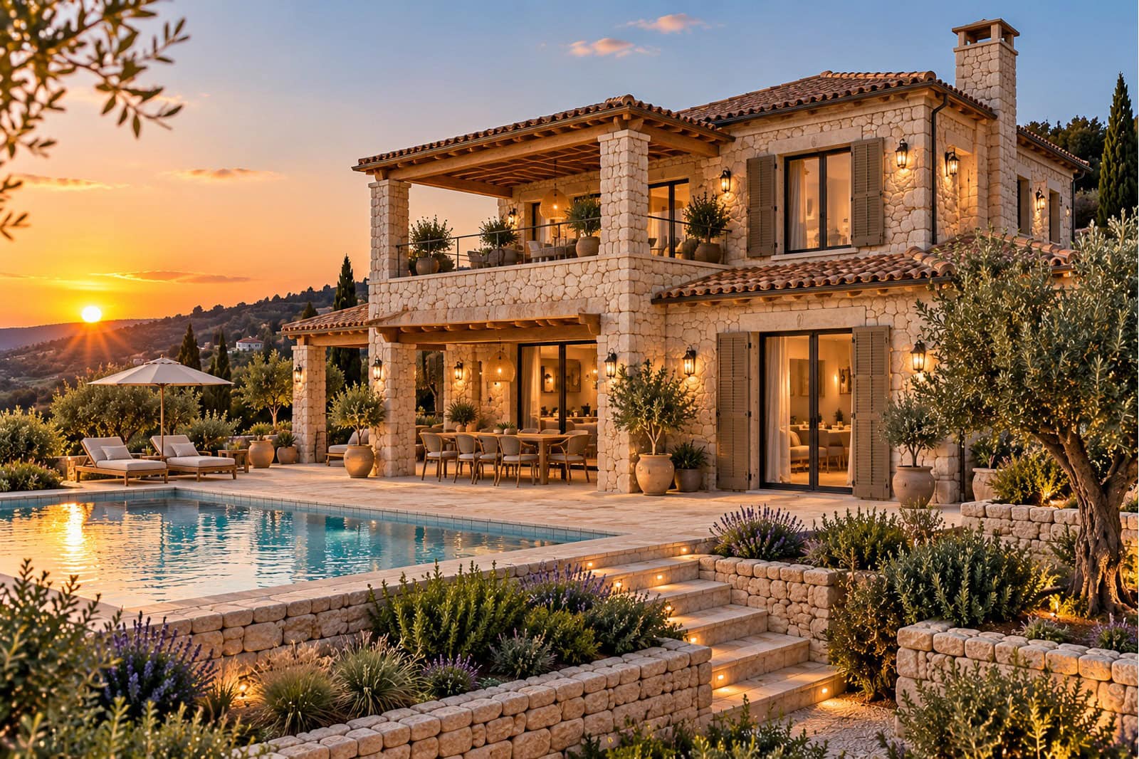 Mediterrane Villa im goldenen Abendlicht