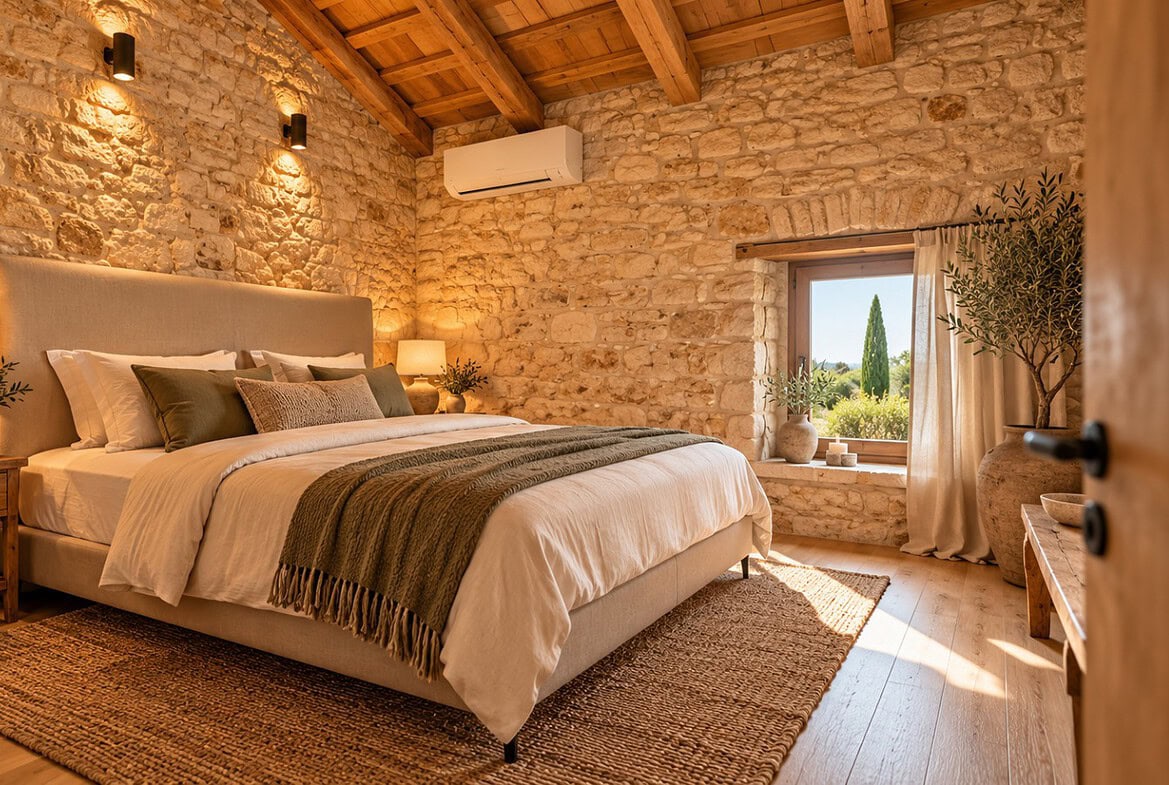 Mediterranes Landhaus-Schlafzimmer im Sonnenlicht