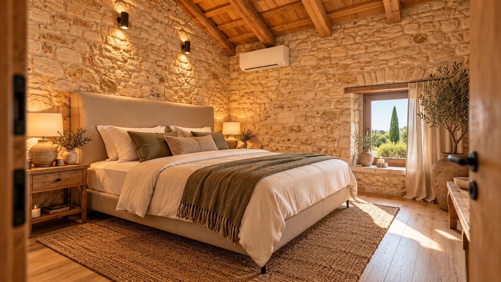 Mediterranes Landhaus-Schlafzimmer im Sonnenlicht Mediterranes Landhaus-Schlafzimmer im Sonnenlicht