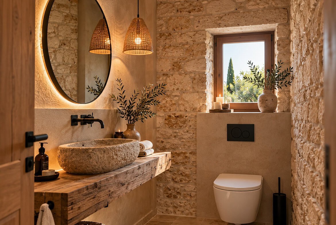 Rustik-mediterranes Gäste-WC mit Naturstein