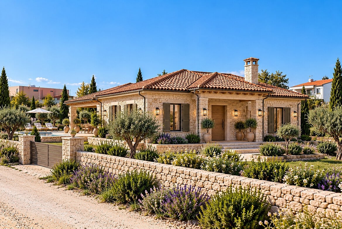 Mediterraneane Steinvilla im Sonnenschein