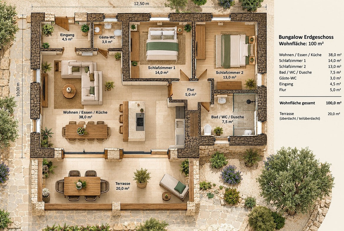 Mediterraner Bungalow-Grundriss mit Terrasse