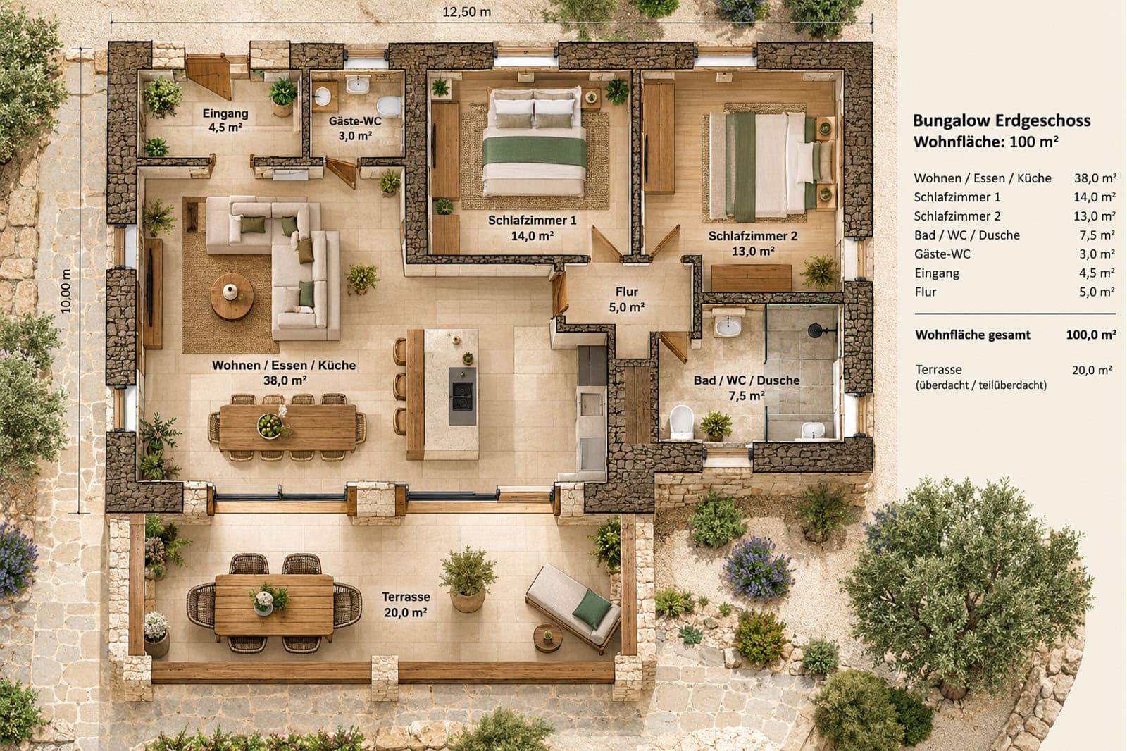Mediterraner Bungalow-Grundriss mit Terrasse Mediterraner Bungalow-Grundriss mit Terrasse