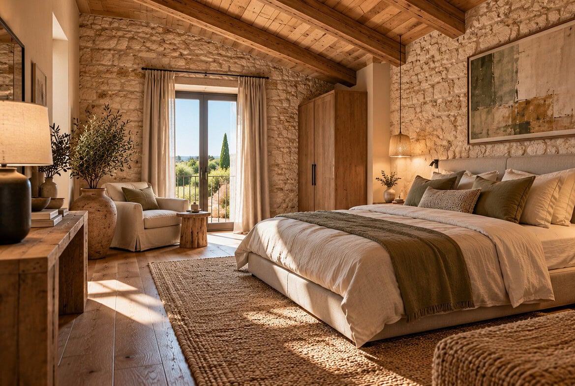 Mediterranes Schlafzimmer mit Naturmaterialien