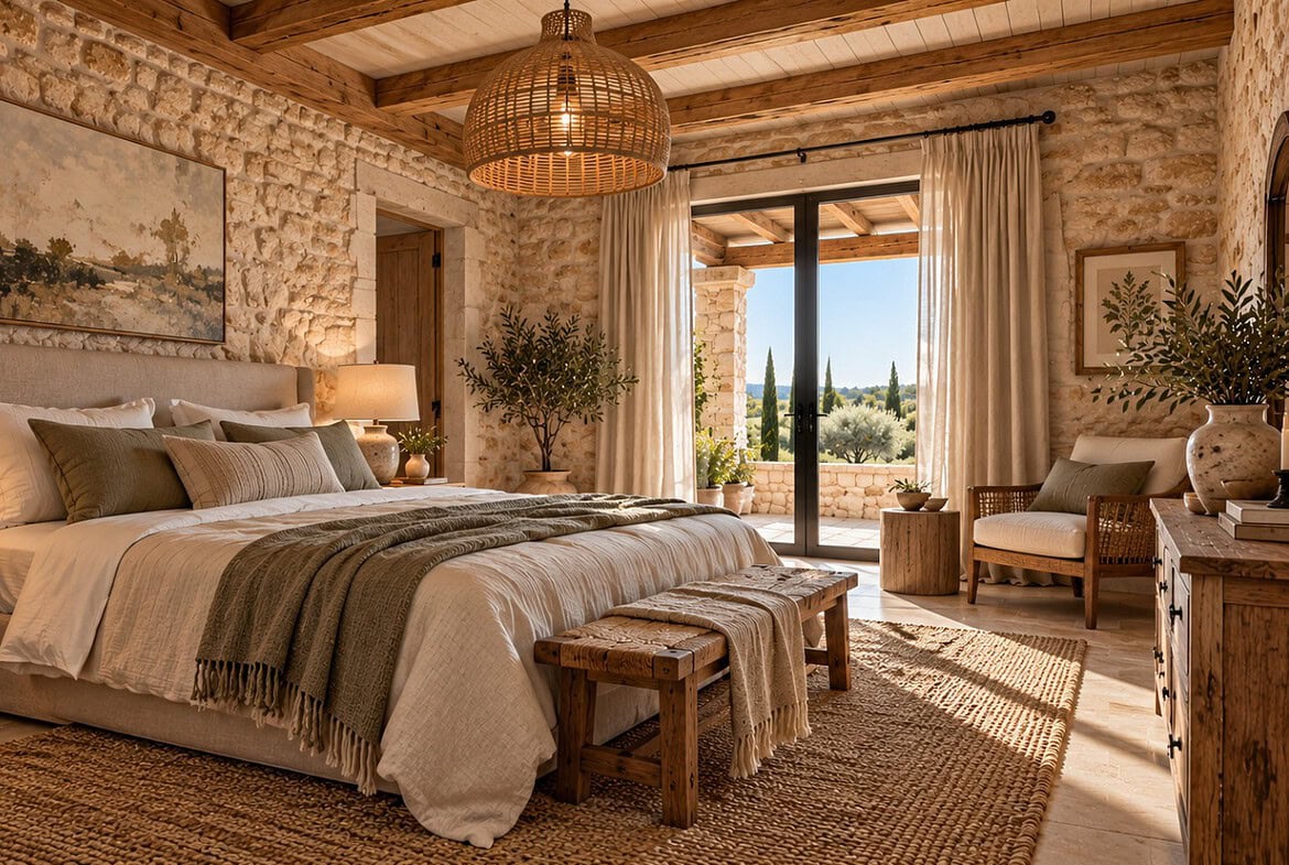 Mediterranes Schlafzimmer mit Terrassenblick