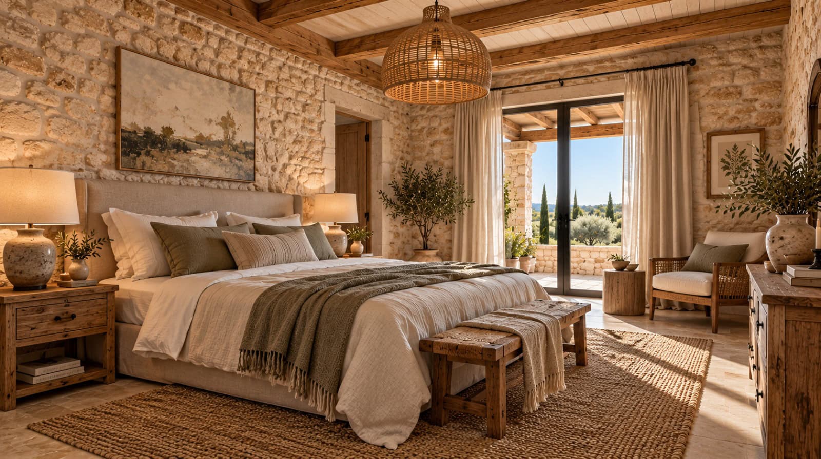 Mediterranes Schlafzimmer mit Terrassenblick
