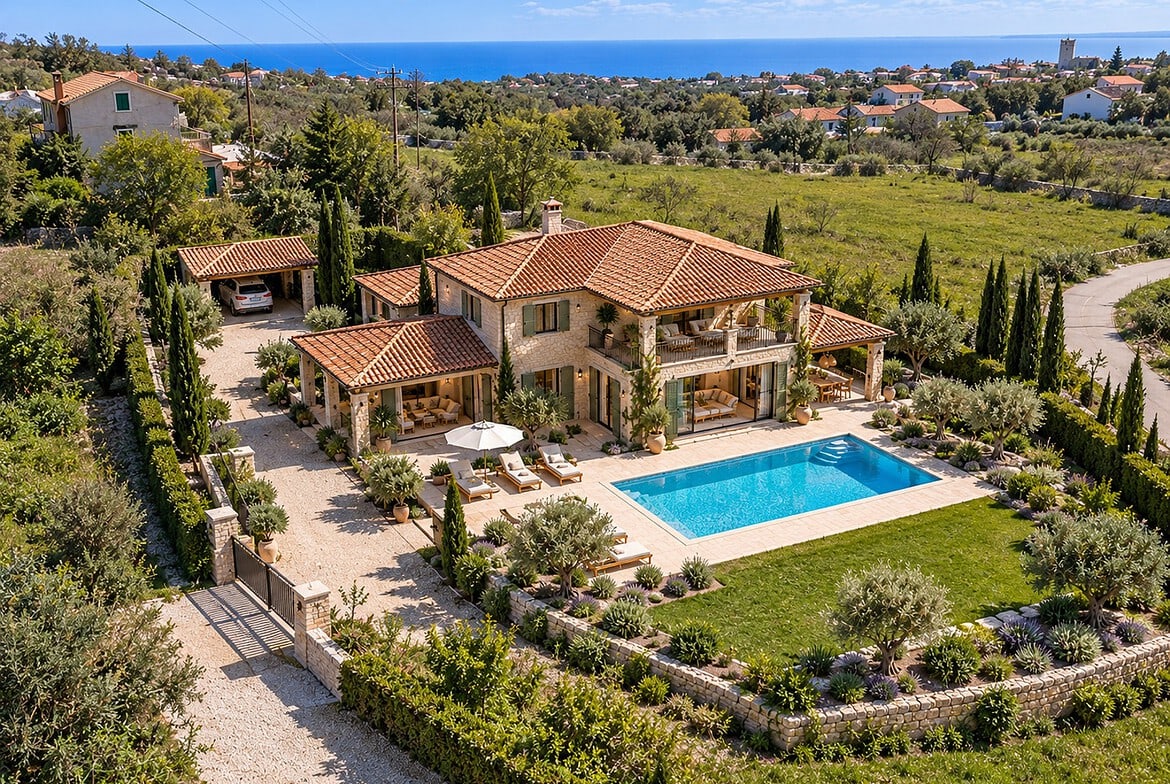 Mediterrane Villa mit Pool und Meerblick