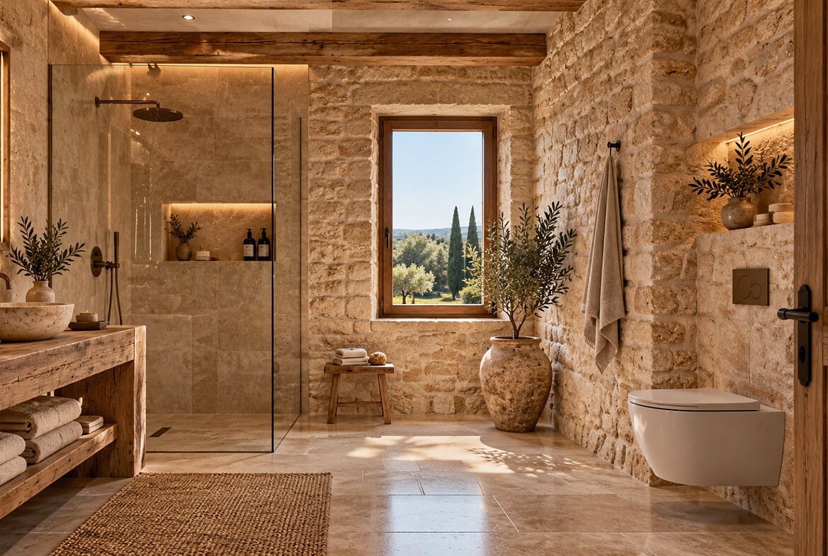 Luxuriöses mediterranes Steinbad mit Ausblick