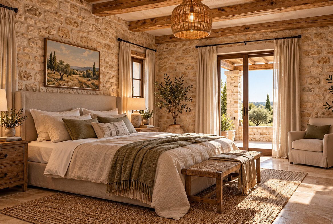 Rustik-mediterranes Schlafzimmer mit Olivenblick
