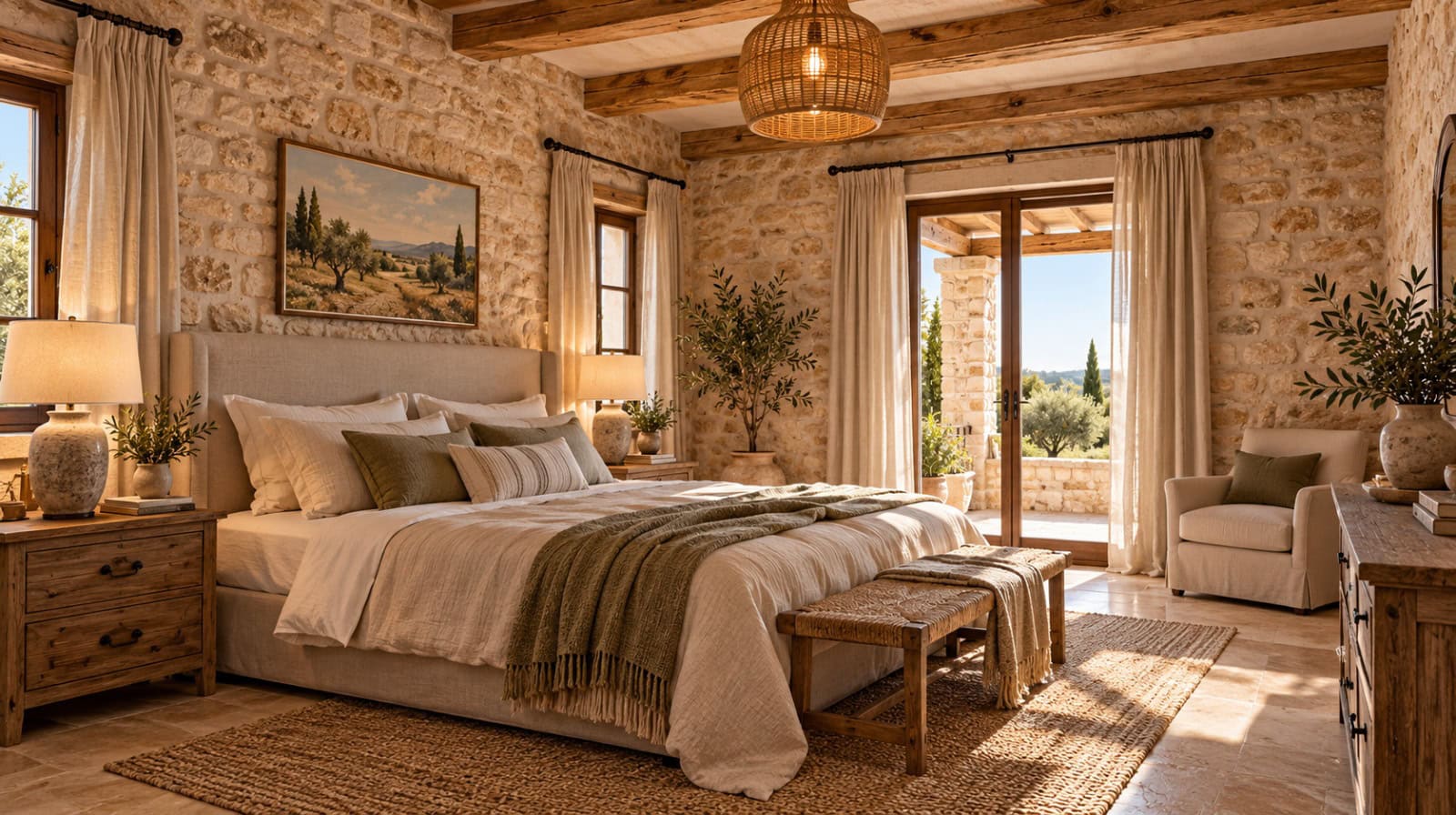 Rustik-mediterranes Schlafzimmer mit Olivenblick