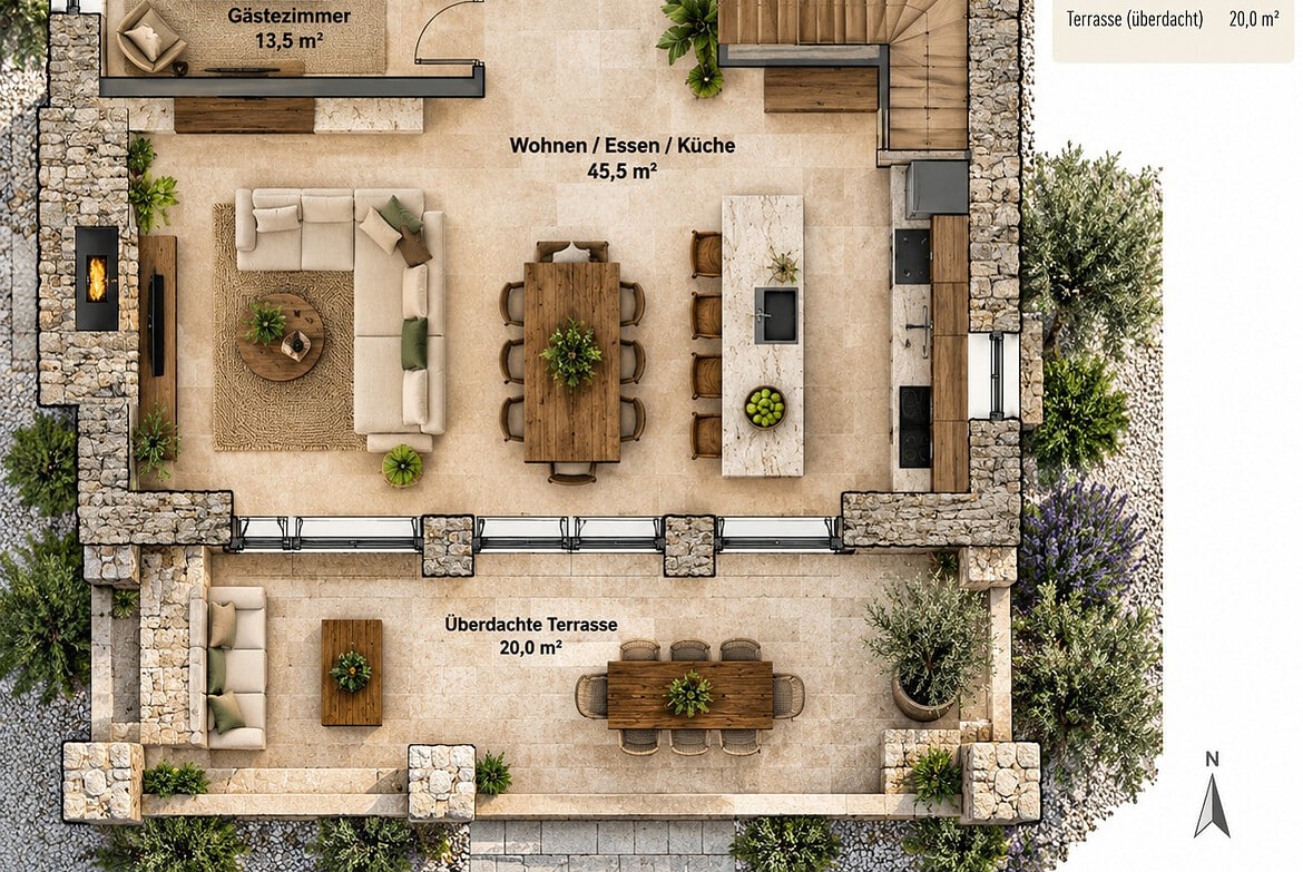 Modernes Erdgeschoss mit überdachter Terrasse