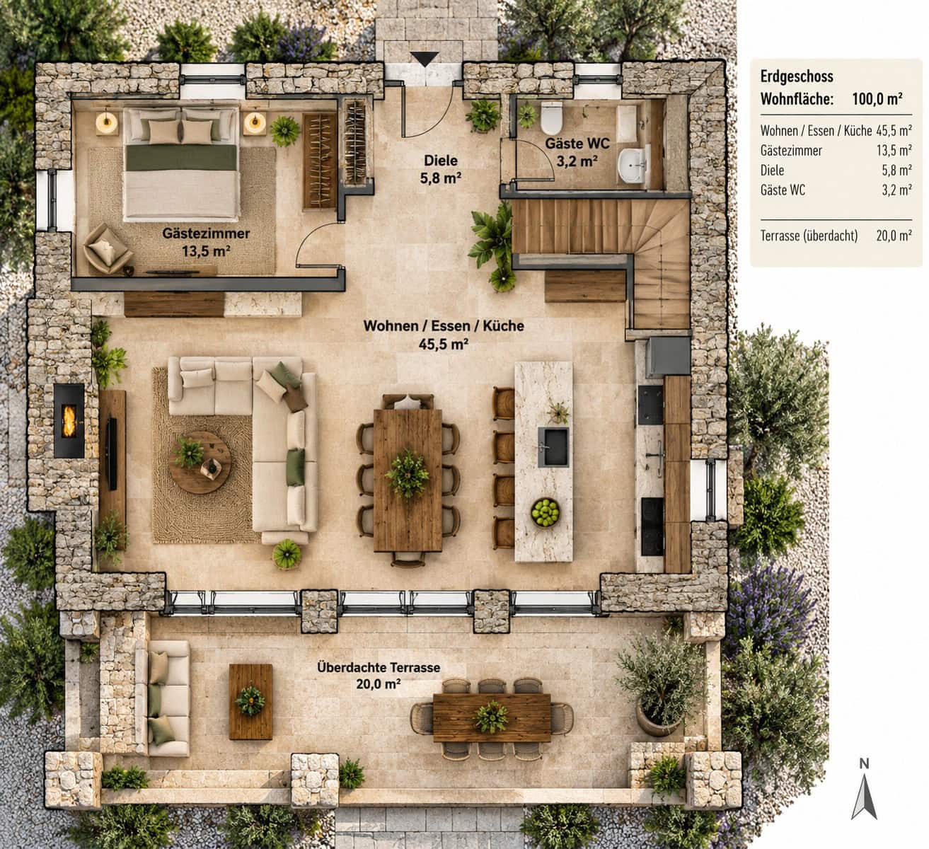 Modernes Erdgeschoss mit überdachter Terrasse