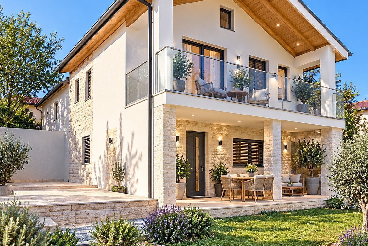 Modernes Haus mit sonniger Gartenterrasse