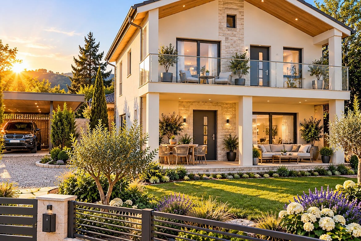 Moderne Villa im goldenen Abendlicht