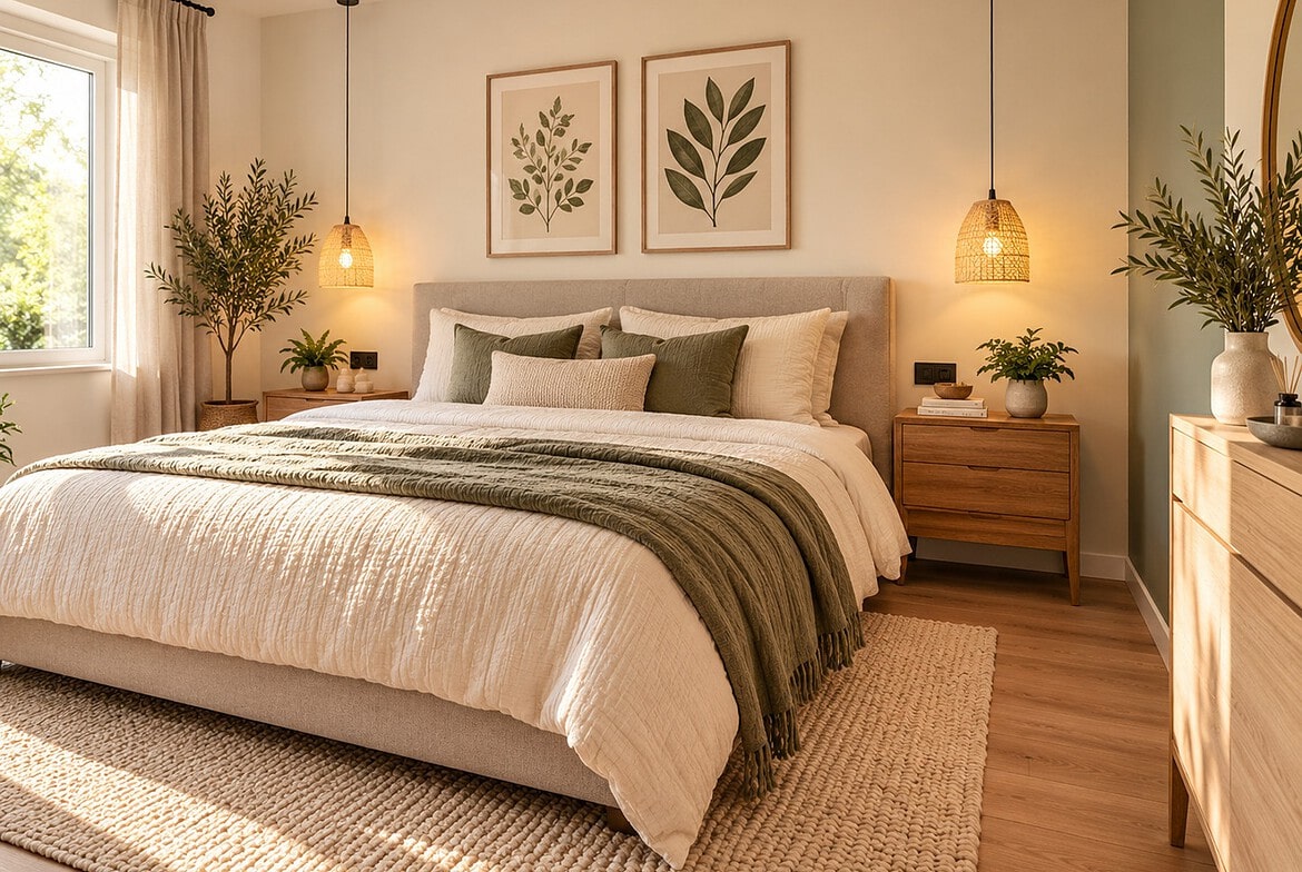 Helles skandinavisches Schlafzimmer mit Pflanzen