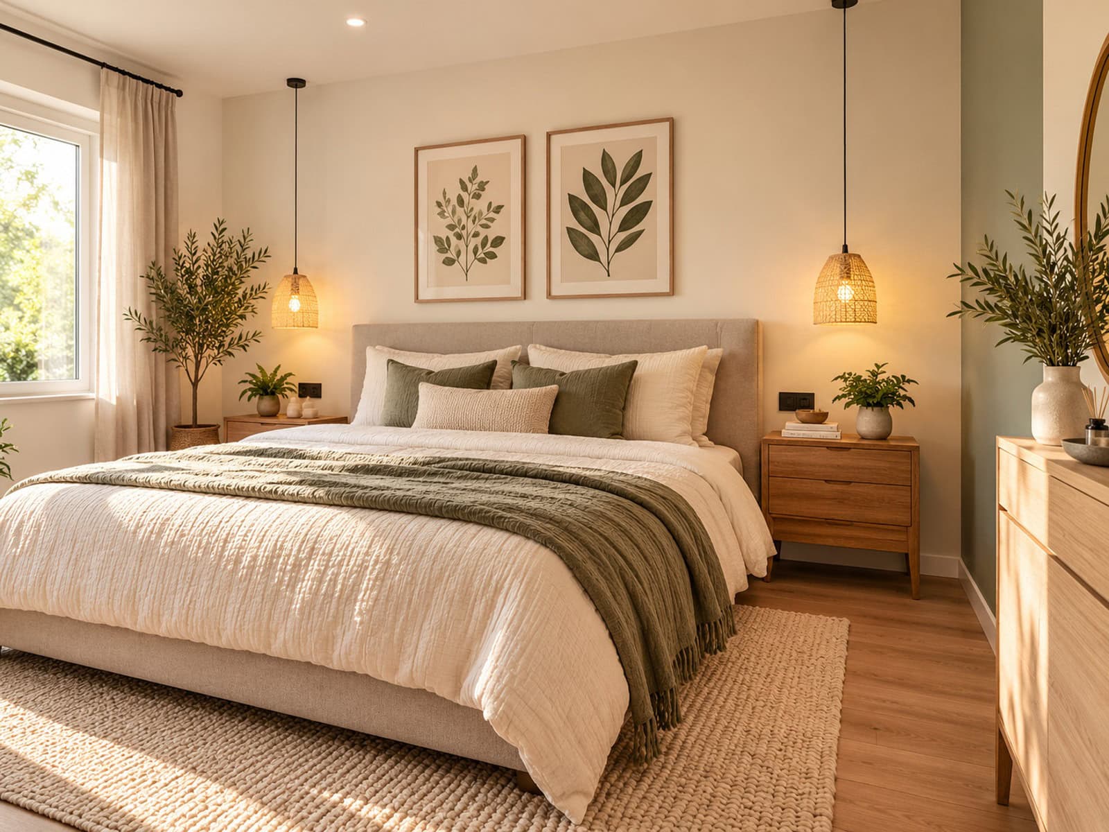 Helles skandinavisches Schlafzimmer mit Pflanzen Helles skandinavisches Schlafzimmer mit Pflanzen