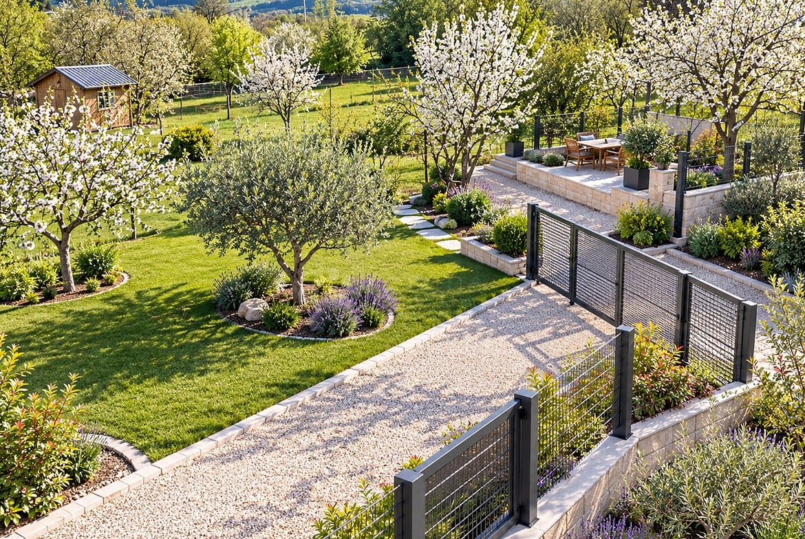 Sonniger Frühlingsgarten mit Blütenbäumen