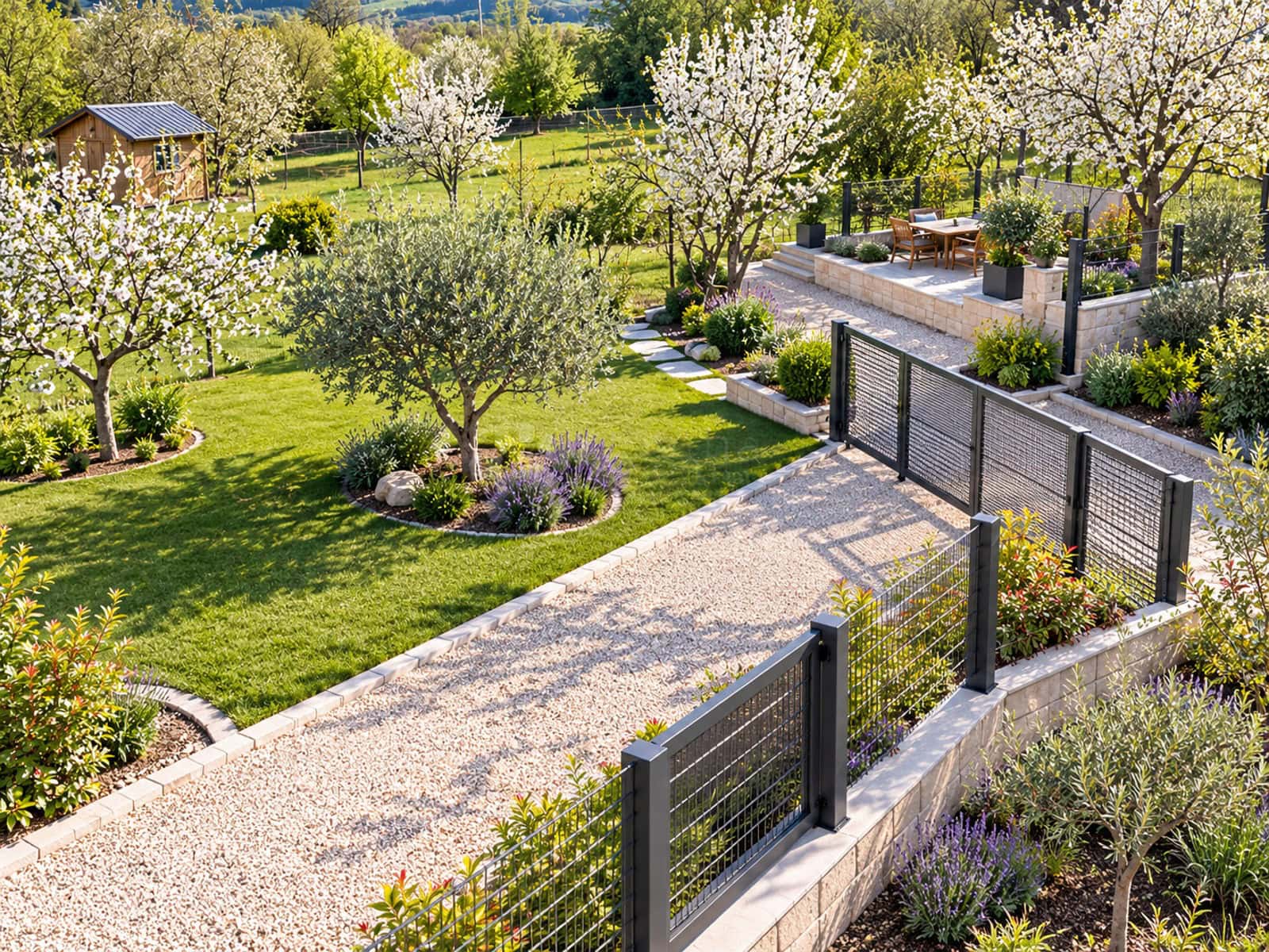 Sonniger Frühlingsgarten mit Blütenbäumen Sonniger Frühlingsgarten mit Blütenbäumen