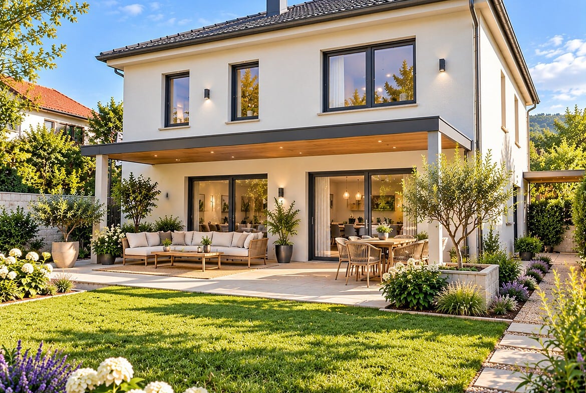 Sonnige moderne Terrasse mit Garten
