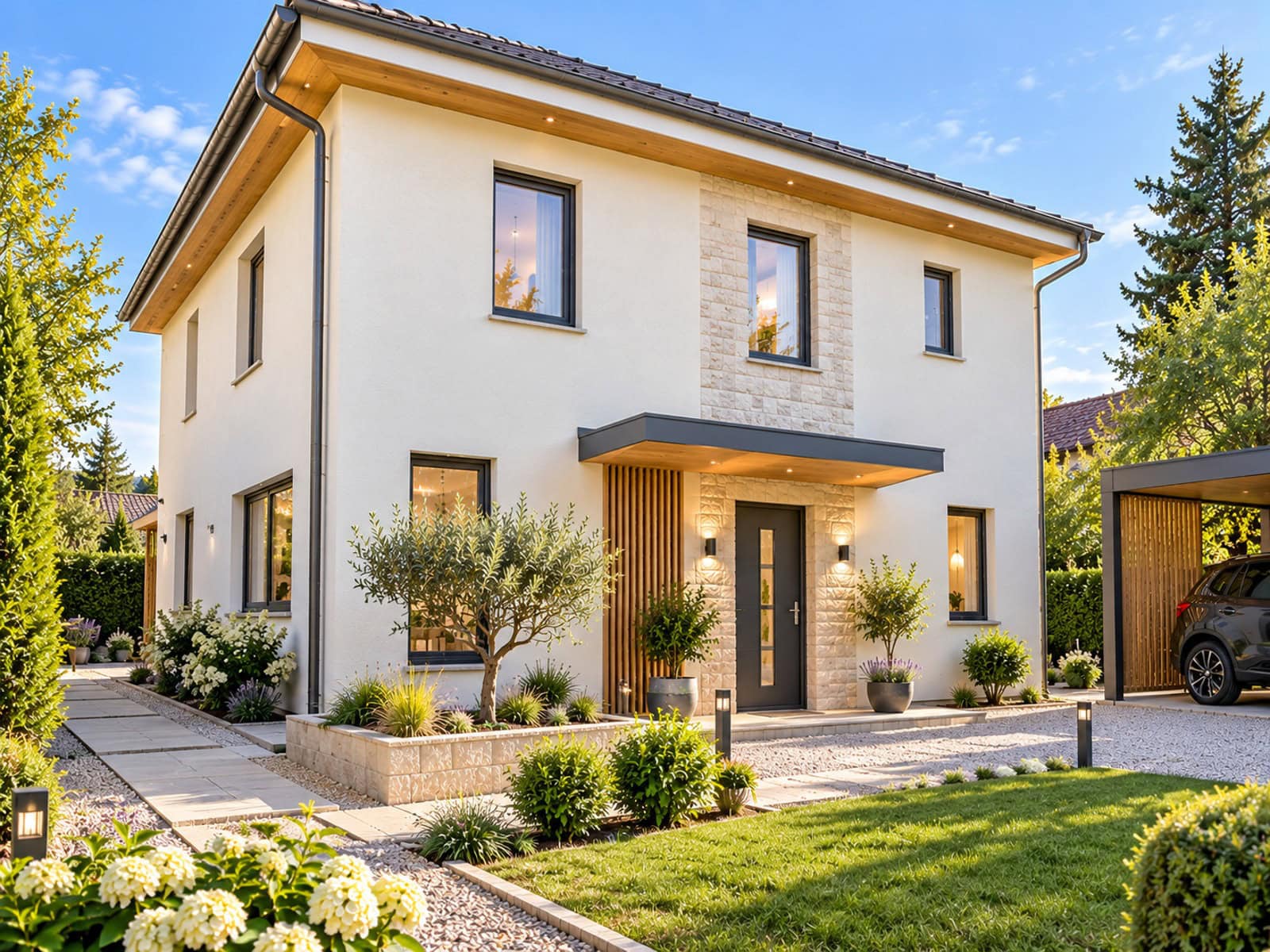Modernes Haus mit Garten und Carport Modernes Haus mit Garten und Carport