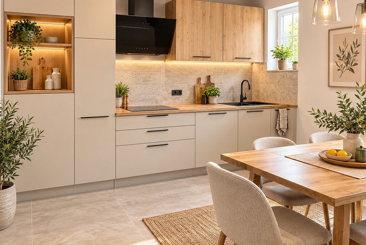 Skandinavische Küche mit warmem Holz und Grün