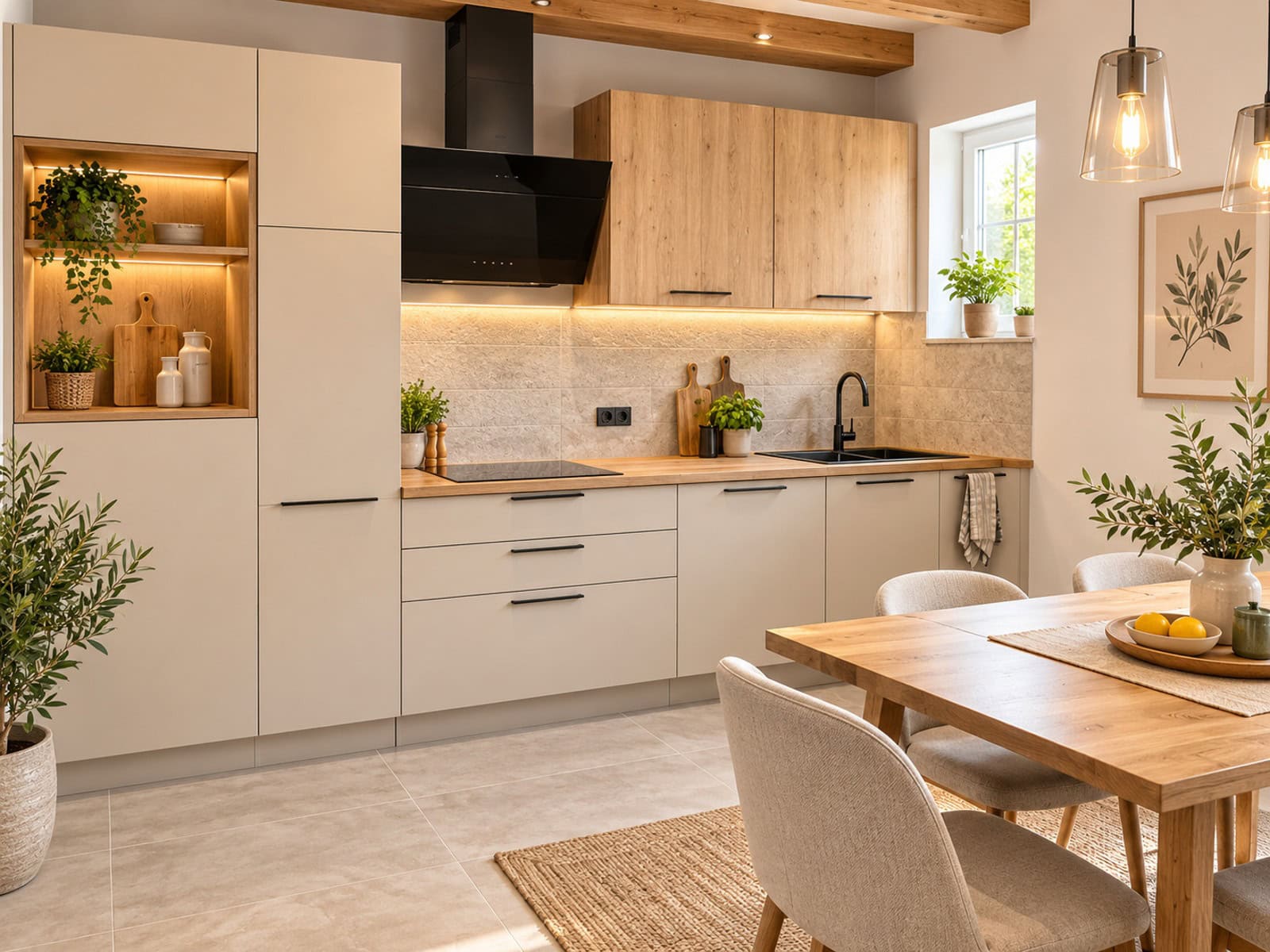 Skandinavische Küche mit warmem Holz und Grün Skandinavische Küche mit warmem Holz und Grün