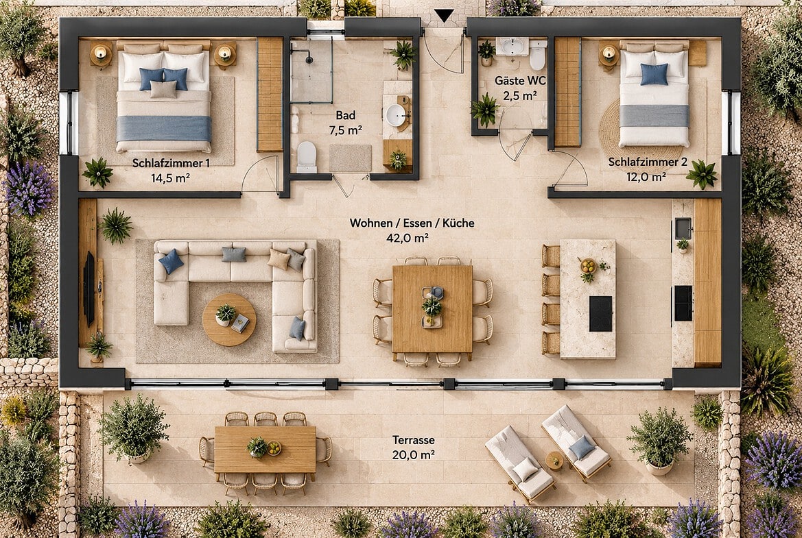 Moderner Grundriss mit Terrasse
