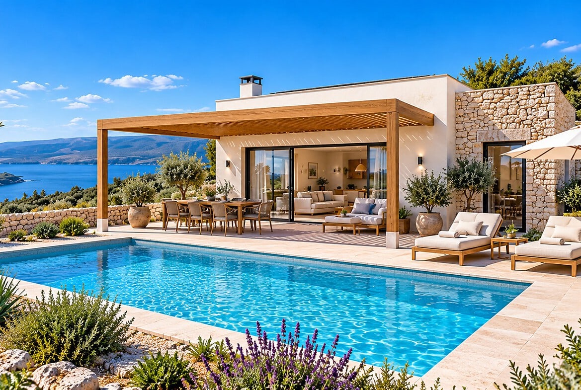 Mediterraneane Villa mit Pool und Meerblick