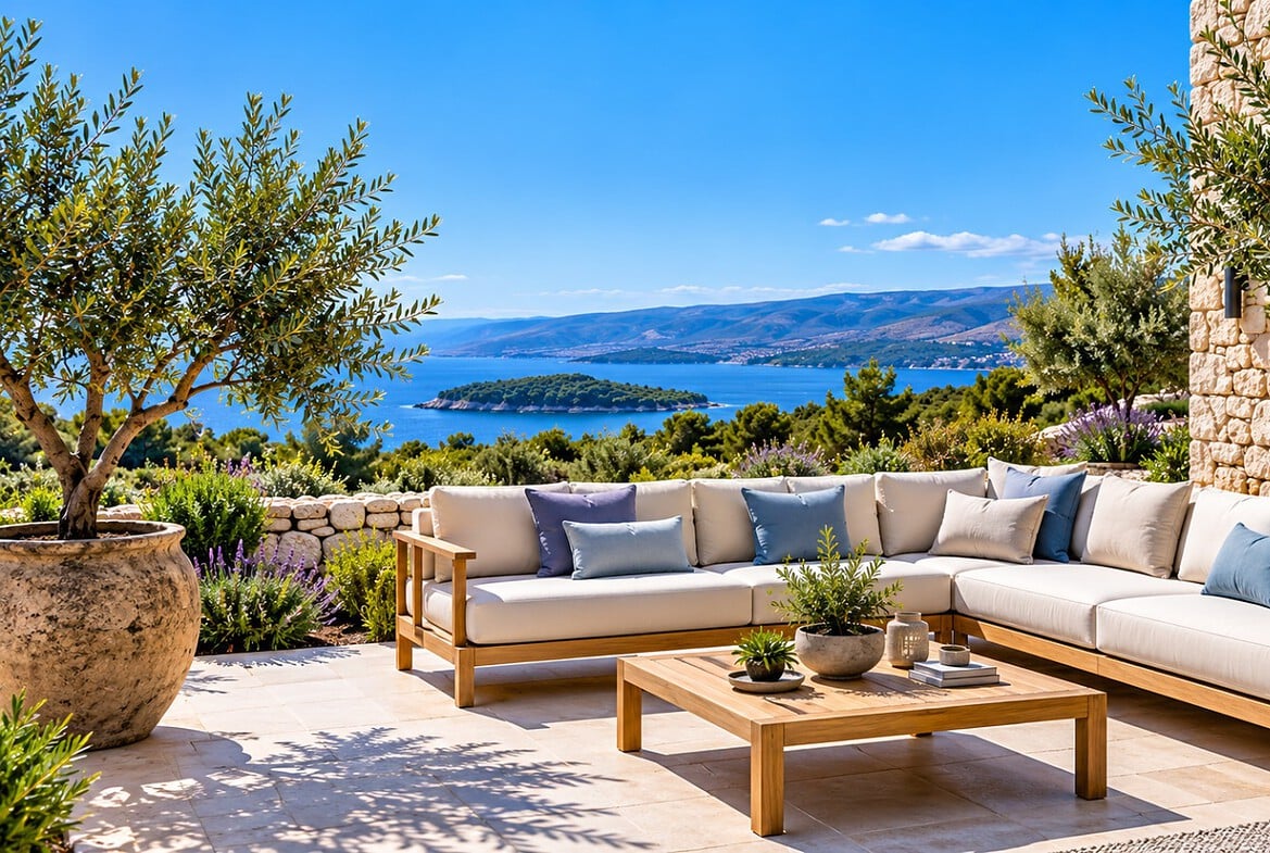 Mediterraneane Terrassenlounge mit Meerblick
