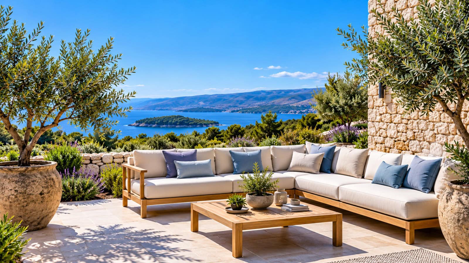 Mediterraneane Terrassenlounge mit Meerblick Mediterraneane Terrassenlounge mit Meerblick