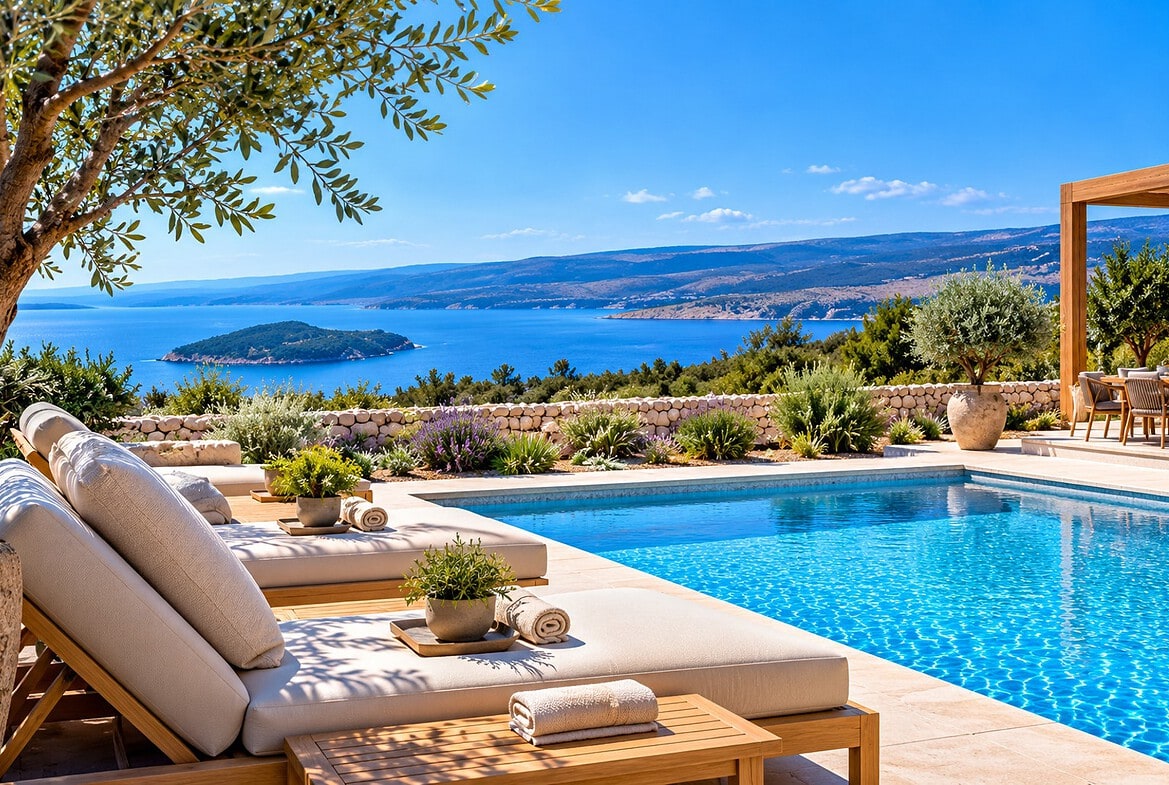 Mediterrane Poolterrasse mit Meerblick